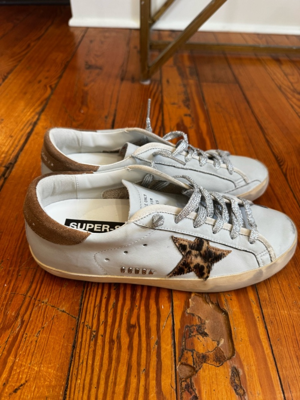 Golden Goose White Sneakers with Brown Suede Heel and Leopard Star